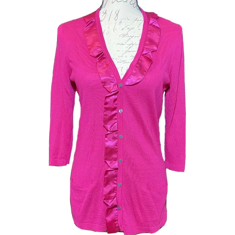 T Tahari Bevan Knit Top Sweater Satin Ruffle Cardigan Sz SP PINK